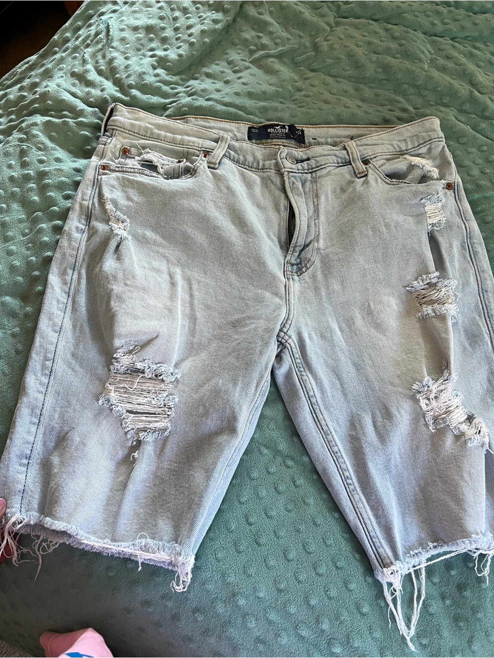 Hollister Light Blue Ripped Denim Shorts with Leather Logo Patch